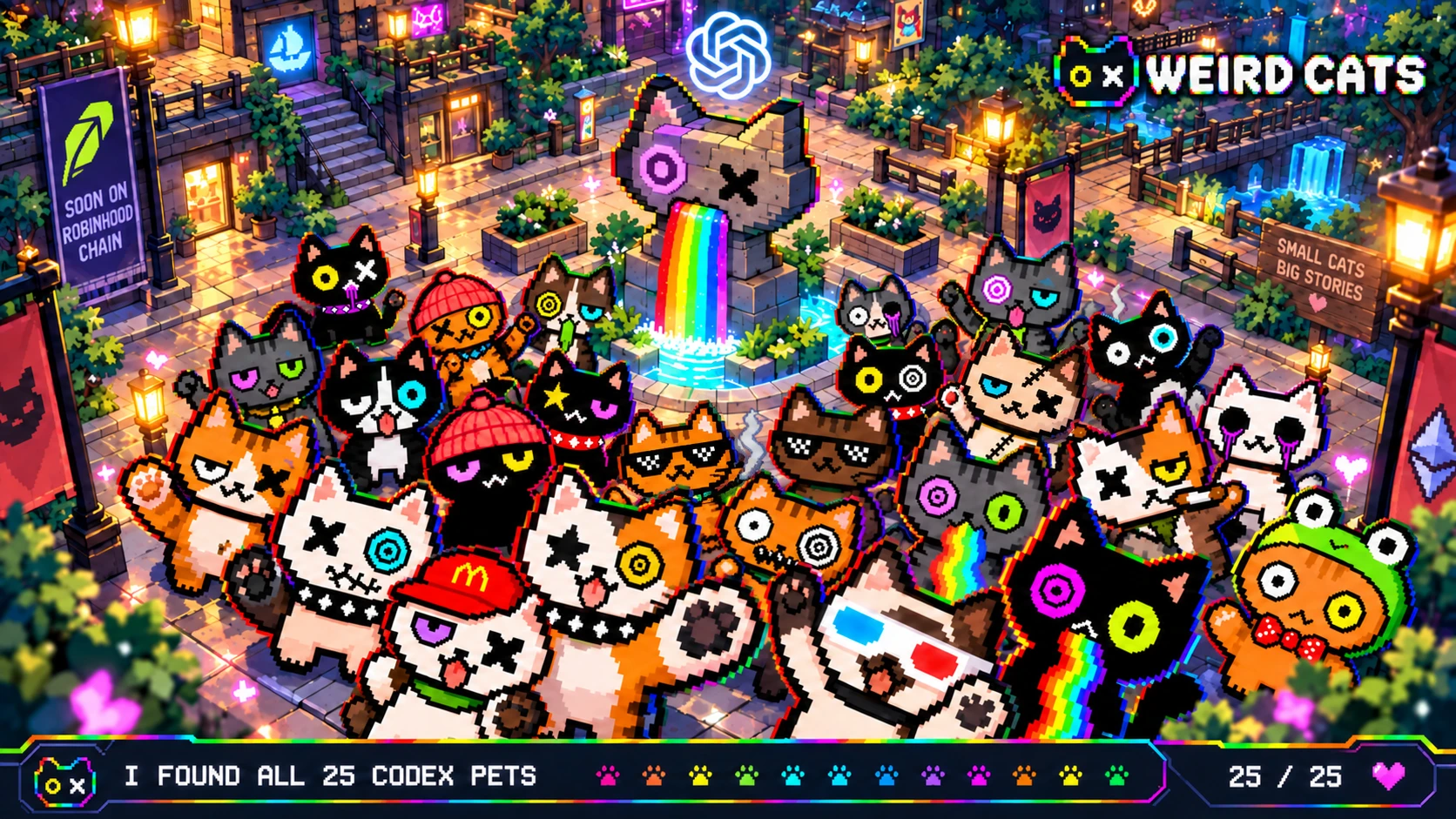 All 25 Weird Cats posing together around the rainbow fountain at Cat Plaza