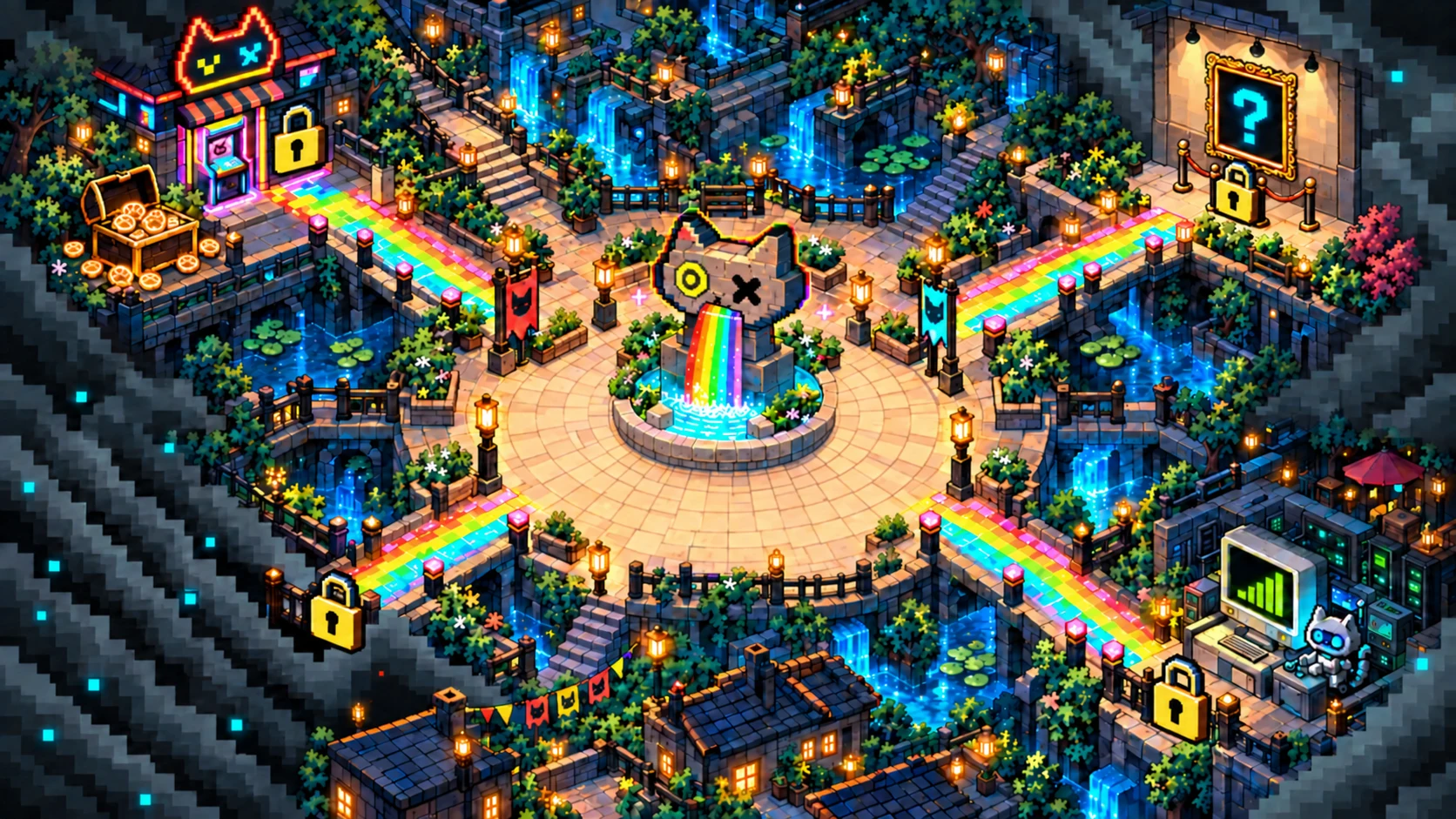 A pixel map after the Crossing: the Weird Cats gathered in a plaza around a rainbow statue, with rainbow paths leading to four locked places.