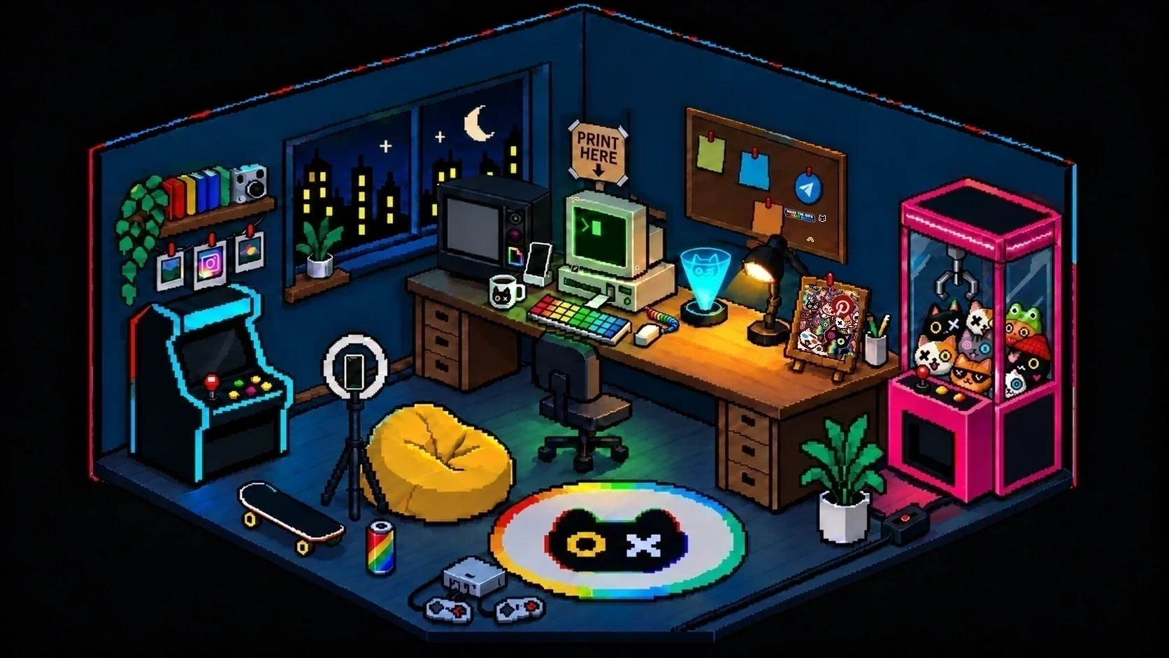 The Weirdlist room: a desk with the computer that prints tickets, a cork board with the spots left, an arcade cabinet and a claw machine full of plush cats.